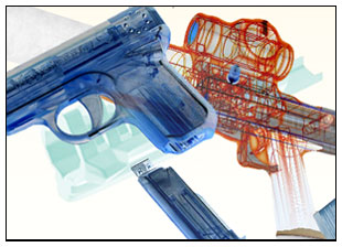 composite image of a virtual gun in Second Life alongside a 3D printed gun image copyright Sascha Pohflepp